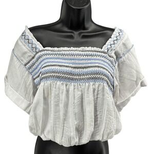 Free People White Smocked Balloon Crop Top XS Boho Cottagecore‎
